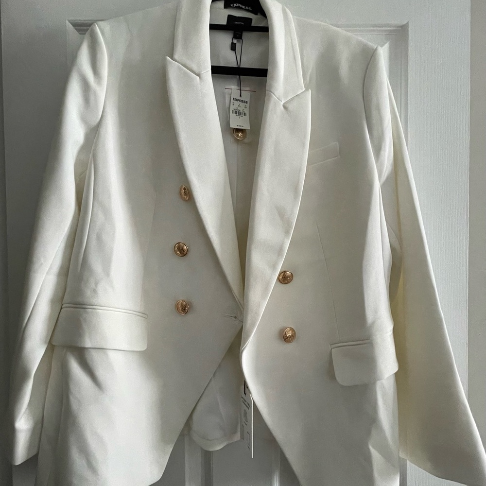 Express Gold Button White Blazer with Sharp Lapels